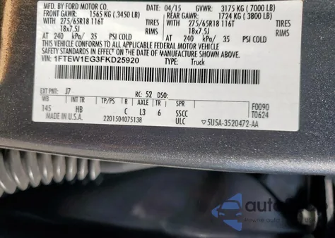 2015 Ford F150 Supercrew z USA, uszkodzony, nr VIN 1FTEW1EG3FKD25920